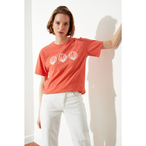 Trendyol Orange Wash and Printed Boyfriend Knitted T-Shirt