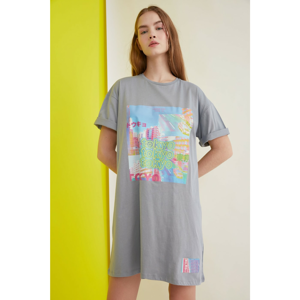 Trendyol Grey Printed Knitted T-shirt Dress