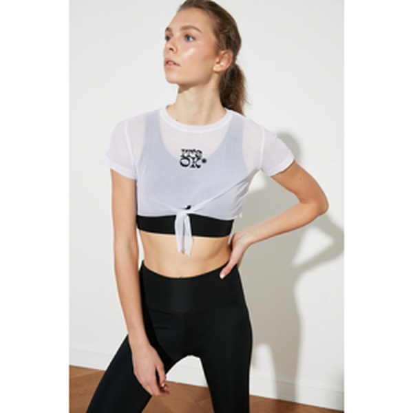 Trendyol White Embroidered Crop Sports T-Shirt