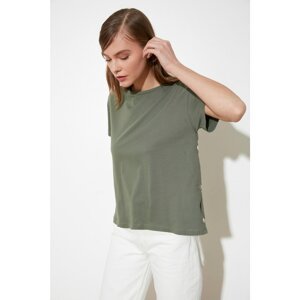 Trendyol Khaki Knitted T-Shirt with Snaps on the Sides