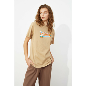 Trendyol Camel Wear Printed Printed Boyfriend Knitted T-Shirt