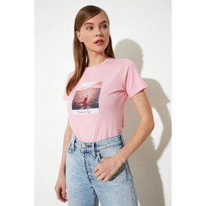 Trendyol Pink Polaroid Printed Basic Knitted T-Shirt