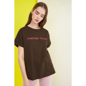 Trendyol Brown Front and Back PrintEd Boyfriend Knitted T-Shirt