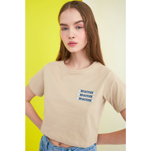 Trendyol Crop Knitted T-Shirt WITH Beige Applix Embroidery