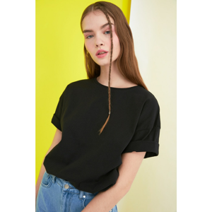 Trendyol Black Back Tulle Detailed Printed Boyfriend Knitted T-Shirt