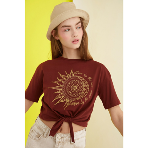 Trendyol Brown Tie Detailed Printed Knitted T-Shirt