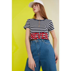 Trendyol Navy Blue Crop Striped and Printed Knitted T-Shirt
