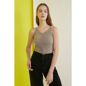 Trendyol Mink Strap V Neck Pleated Knitted Body