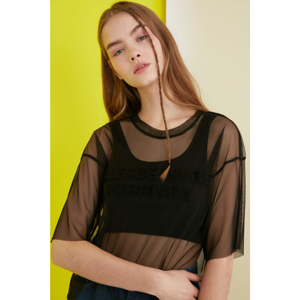 Trendyol Black Towel Embroidered Tulle Knitted Blouse