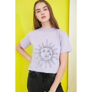 Trendyol Lilac Printed Standing Collar Basic Knitted T-Shirt