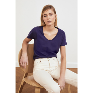 Trendyol Navy Blue 100% Cotton V Collar Basic Knitted T-Shirt