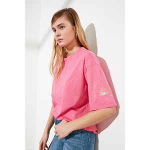 Trendyol Pink Printed Loose Mold Knitted T-Shirt