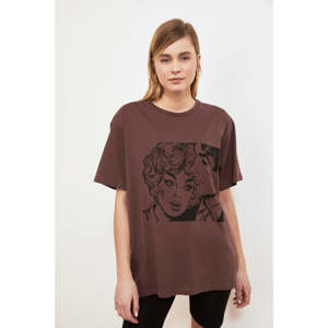 Trendyol Brown Printed Boyfriend Knitted T-Shirt