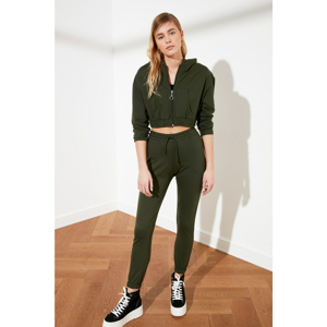 Trendyol Khaki Hooded Crop and Jogger Knitted Tracksuit Set