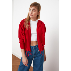 Trendyol Red Hooded Basic Zipper Knitted Sweatshirt