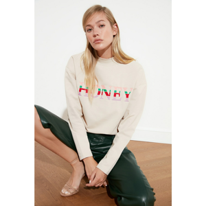 Trendyol Beige Embroidery Upright Collar Basic Knitted Sweatshirt