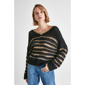 Trendyol Black Striped V-Neck Knitwear Sweater