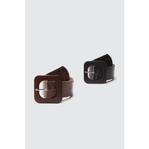 Trendyol Black and Brown 2 Pack Buckle Croco Leather Looking Belt