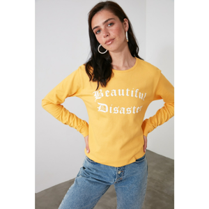 Trendyol Yellow Printed Basic Knitted Sweatshirt