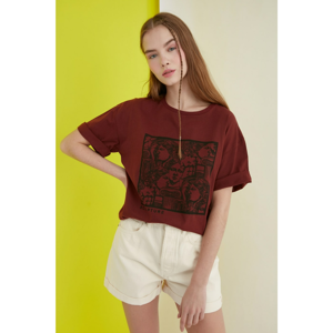 Trendyol Brown Printed Loose Mold Knitted T-Shirt