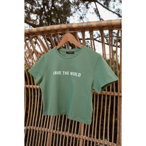 Trendyol Green Printed 100% Organic Cotton Crop Knitted T-Shirt