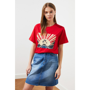 Trendyol Boyfriend Knitted T-Shirt WITH Red Front and Back Print