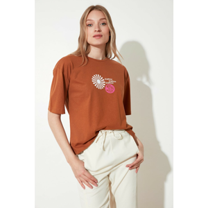 Trendyol Camel Printed Loose Knitted T-Shirt