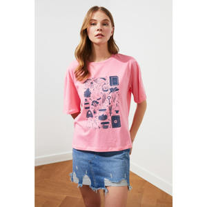 Trendyol Pink Printed Loose Knitted T-Shirt