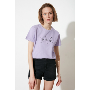 Trendyol Lila Embroidered Semifitted Knitted T-Shirt