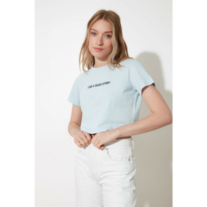 Trendyol Blue Embroidered Crop Knitted T-Shirt
