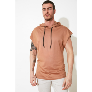 Trendyol Dark Beige Men's Hooded Oversize Short Sleeve Sweatshirt