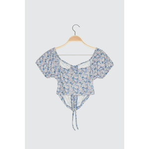 Trendyol Blue Floral Patterned Crop Knitted Blouse