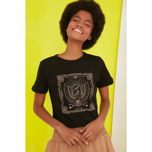 Trendyol Black Printed Crop Knitted T-Shirt