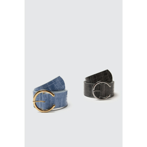 Trendyol Multicolored 2 Pack Indigo and Anthracite Croco Leather Looking Buckle Belt