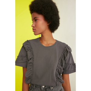 Trendyol Anthracite Ruffle Detail Semifitted Knitted T-Shirt