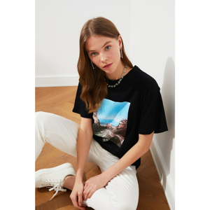 Trendyol Black Printed Boyfriend Knitted T-Shirt