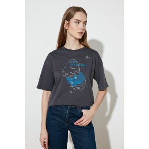 Trendyol Anthracite Printed Loose Knitted T-Shirt