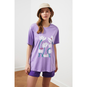 Trendyol Lilac Printed Boyfriend Knitted T-Shirt