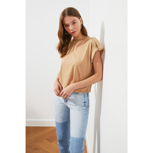 Trendyol Camel Button Detail Basic Knitted T-Shirt