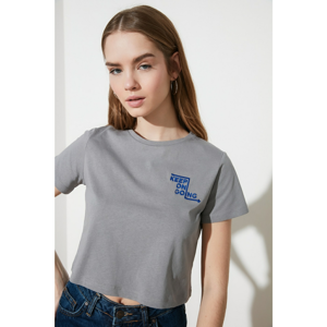 Trendyol Grey Embroidered Crop Knitted T-Shirt