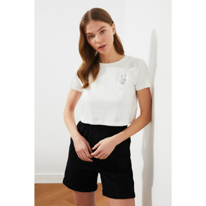 Trendyol Crop Knitted T-Shirt WITH Ecru Print