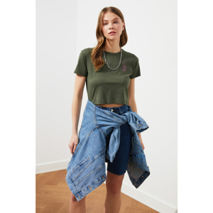 Trendyol Khaki Printed Crop Knitted T-Shirt