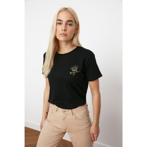 Trendyol Black Embroidered Semifitted Knitted T-Shirt