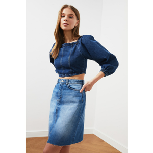 Trendyol Indigo Balloon Sleeve Crop Denim Blouse