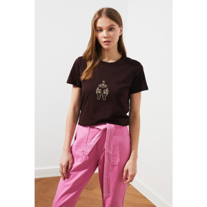 Trendyol Basic Knitted T-Shirt WITH Dark Brown Embroidery