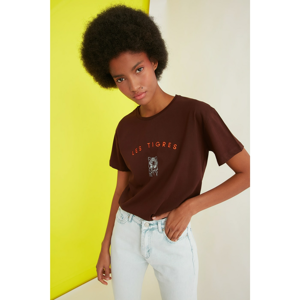 Trendyol Brown Embroidered Semifitted Knitted T-Shirt
