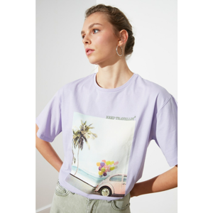 Trendyol Lilac Printed Boyfriend Knitted T-Shirt