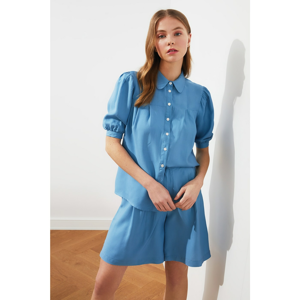 Trendyol Blue Shoulder Ruffle Shirt