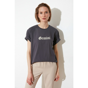 Trendyol Anthracite Gemini Printed Boyfriend Knitted T-Shirt