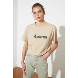 Trendyol Beige Taurus Printed Boyfriend Knitted T-Shirt